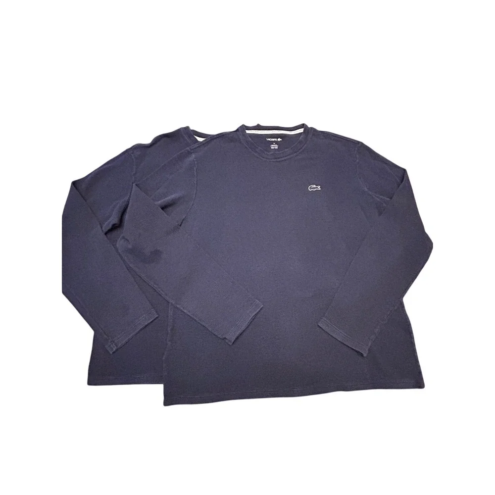 Lacoste Thermal‎ Shirt Mens XL Navy Blue Waffle Knit Sleepwear Set 2 Long Sleeve